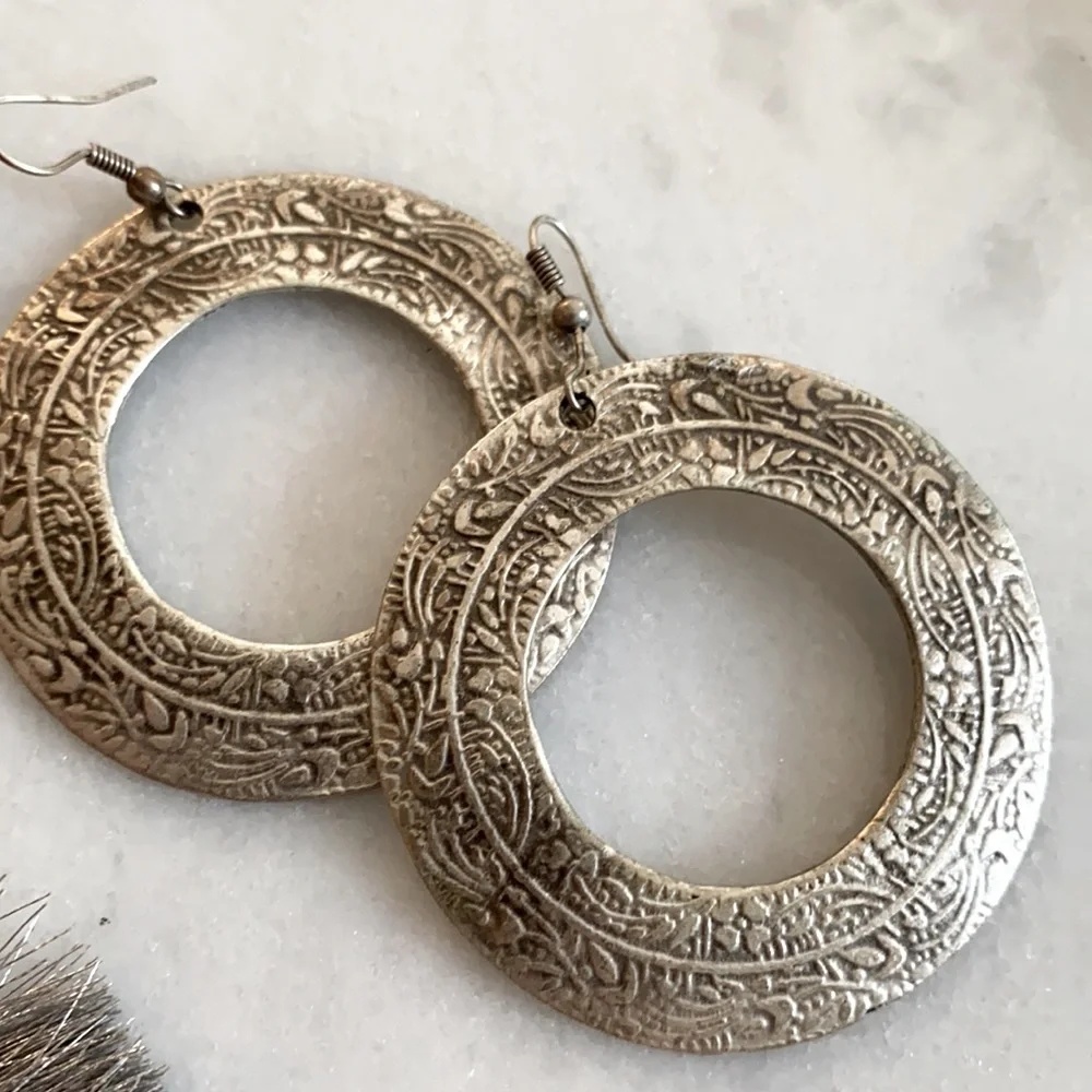 Silver Fringe Beaded Embossed Earring Bundle - Picture 3 of 4